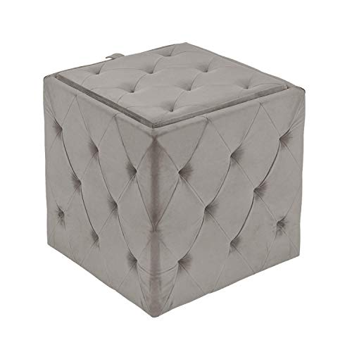 Genevieve Ottoman with Inset Faux Marble Tray Table Lid, Classy Pewter Grey Soft Velvet, 17 x 17 x 17 in, Glamorous Tufted Design, Comfortable Seating, Hidden Storage