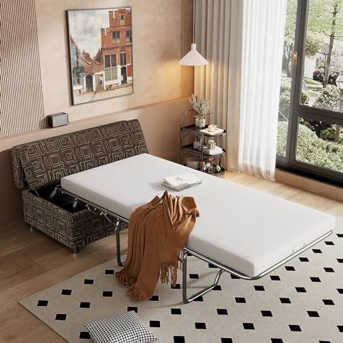 Convertible Folding Ottoman Sleeper Bed with High-Density Foam Mattress for Guest and Family, Pull-Out Sofa Bed with Sturdy Metal Frame, Upholstered Linen Ottoman (Light Gray,Twin)