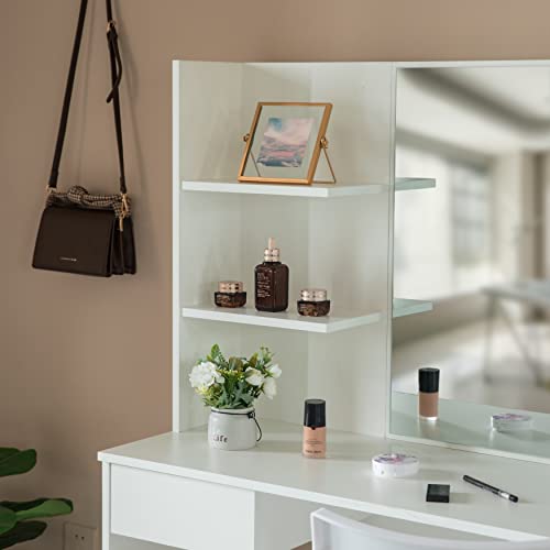 Black Modern Wooden Dressing Table with Drawer, Mirror and Shelves for The Dining Room, Entryway and Bedroom