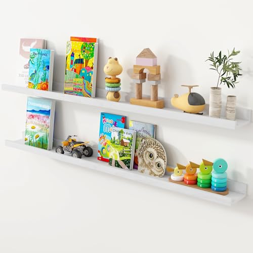 Axeman Oak Floating Shelves 36 Inch Picture Ledge Shelf Set of 2, Solid Wood Shelves with Lip for Wall Decor Storage Bedroom Living Room Bathroom Kitchen, White