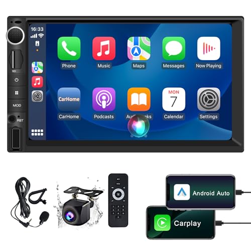 Double Din Car Stereo Radio with CarPlay & Android Auto, 7 Inch HD Touch Screen Car Radio with Bluetooth Backup Camera, AM/FM/USB Input, SWC, MIC, Mirror Link Car Stereo