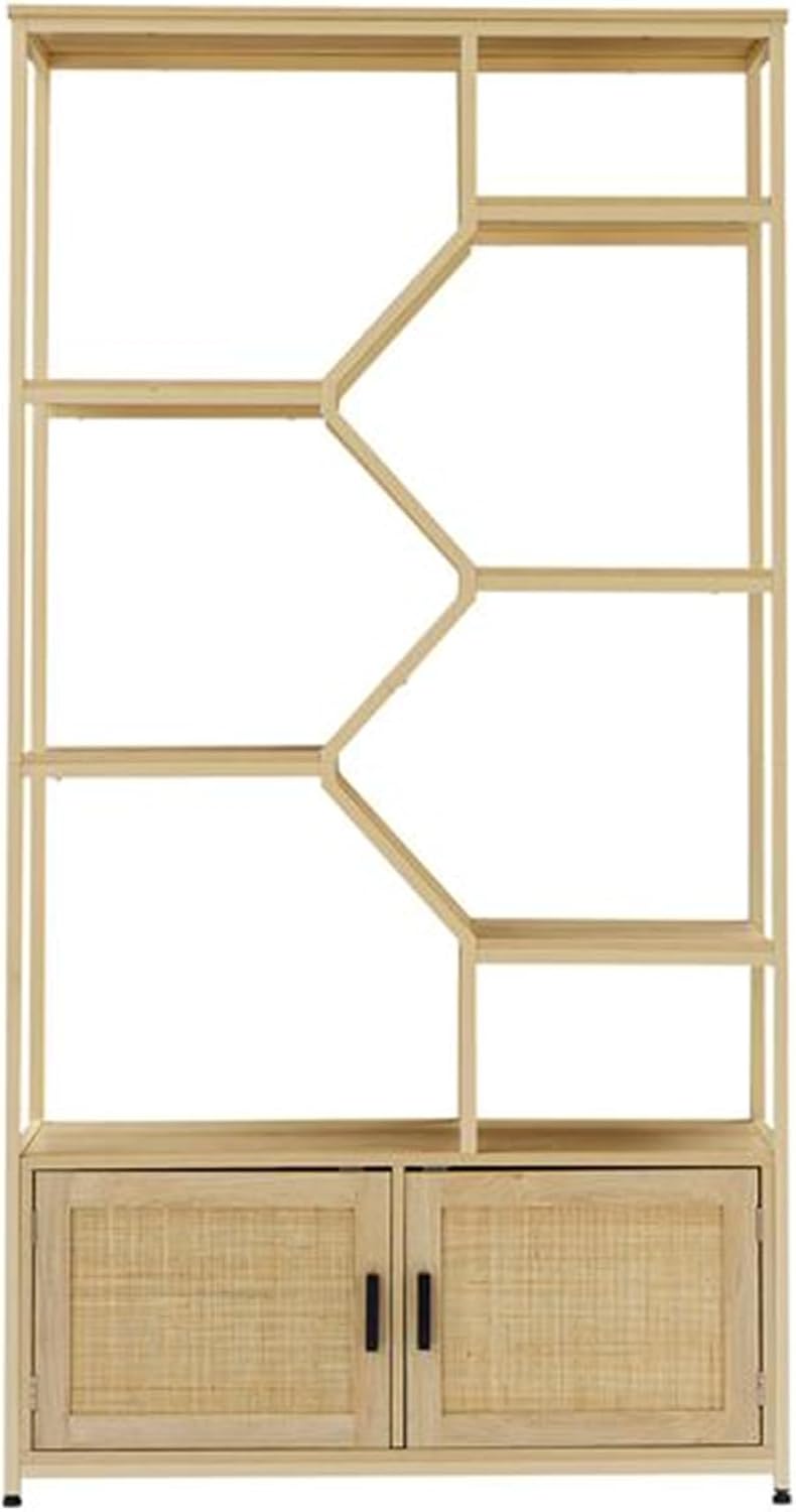 Bohemian Style Furniture Rattan Bookshelf 7-Layer Bookcase Storage Rack with 1 Natural Rattan Storage Cabinet and 6 Open Display Shelves for Living Room Home Office, Natural Color