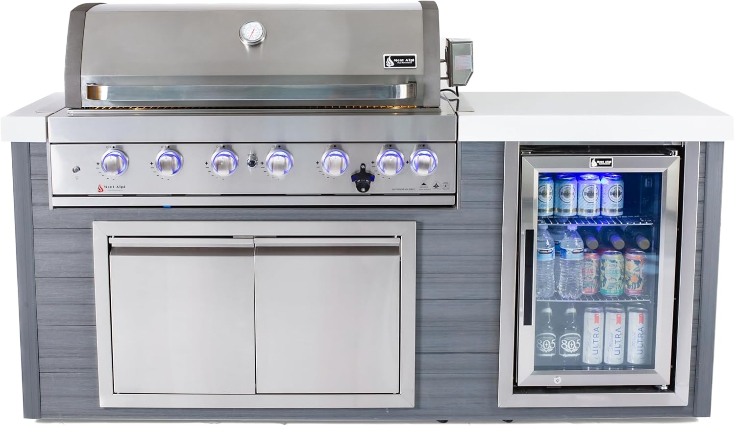 Mont Alpi MA805-AW Artwood HDPE Plastic Built-in 6-Burner 44 inch 87000 BTU Propane Natural Gas Stainless Steel Outdoor Kitchen Barbecue Island Grill + White Granite Countertops + Fridge Cabinet