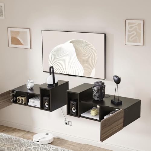 Floating TV Stand, Wooden Wall Mounted Entertainment Center, Space-Saving Under TV Shelf for Living Room, Bedroom, Office (White)