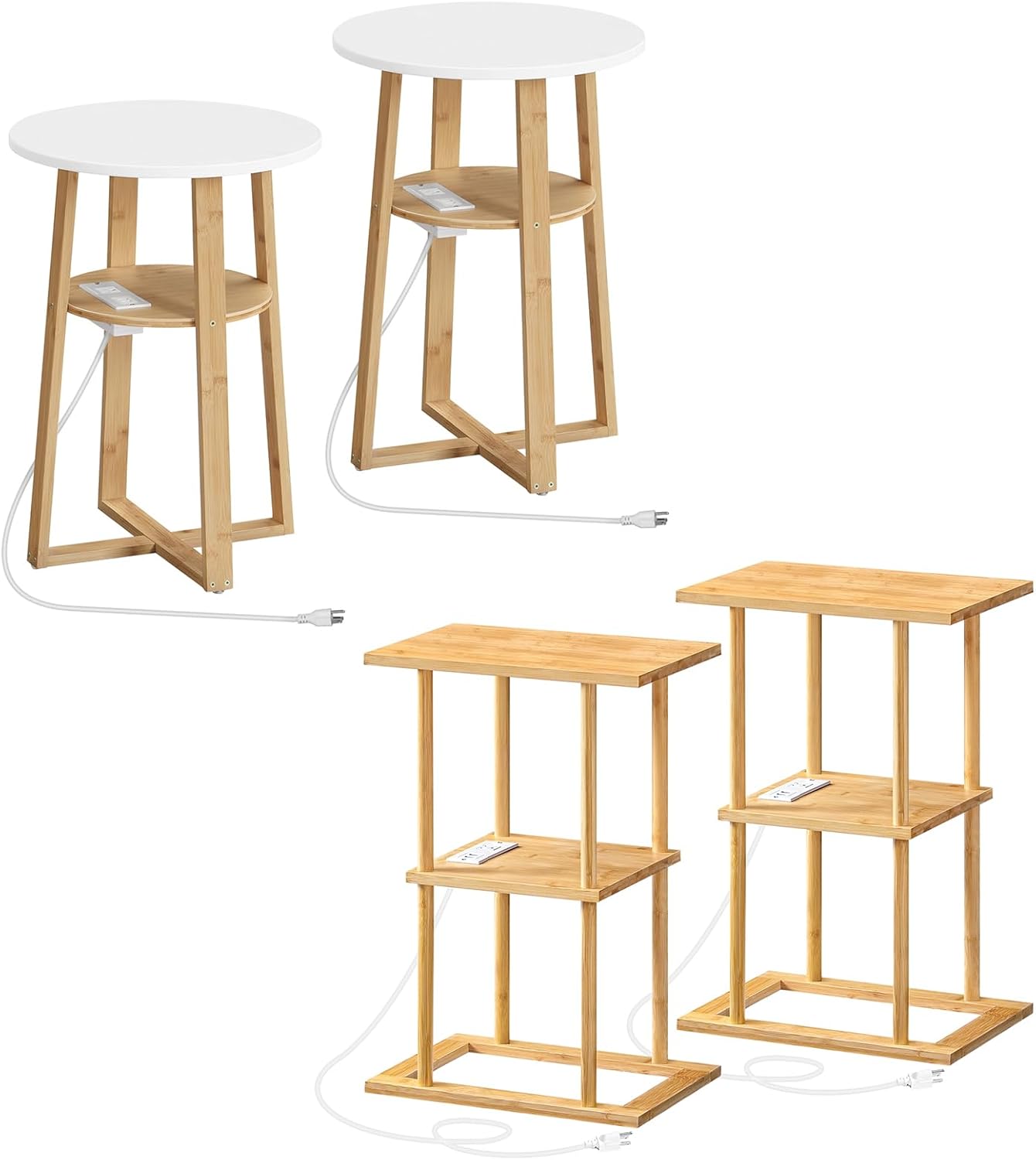 HOOBRO Set of 2 Round Side Tables with Charging Station and Bamboo Side Tables with Charging Station Bundle, Round Accent End Tables, for Living Room, Bedroom, YW101UBZP201-YL151UBZP201