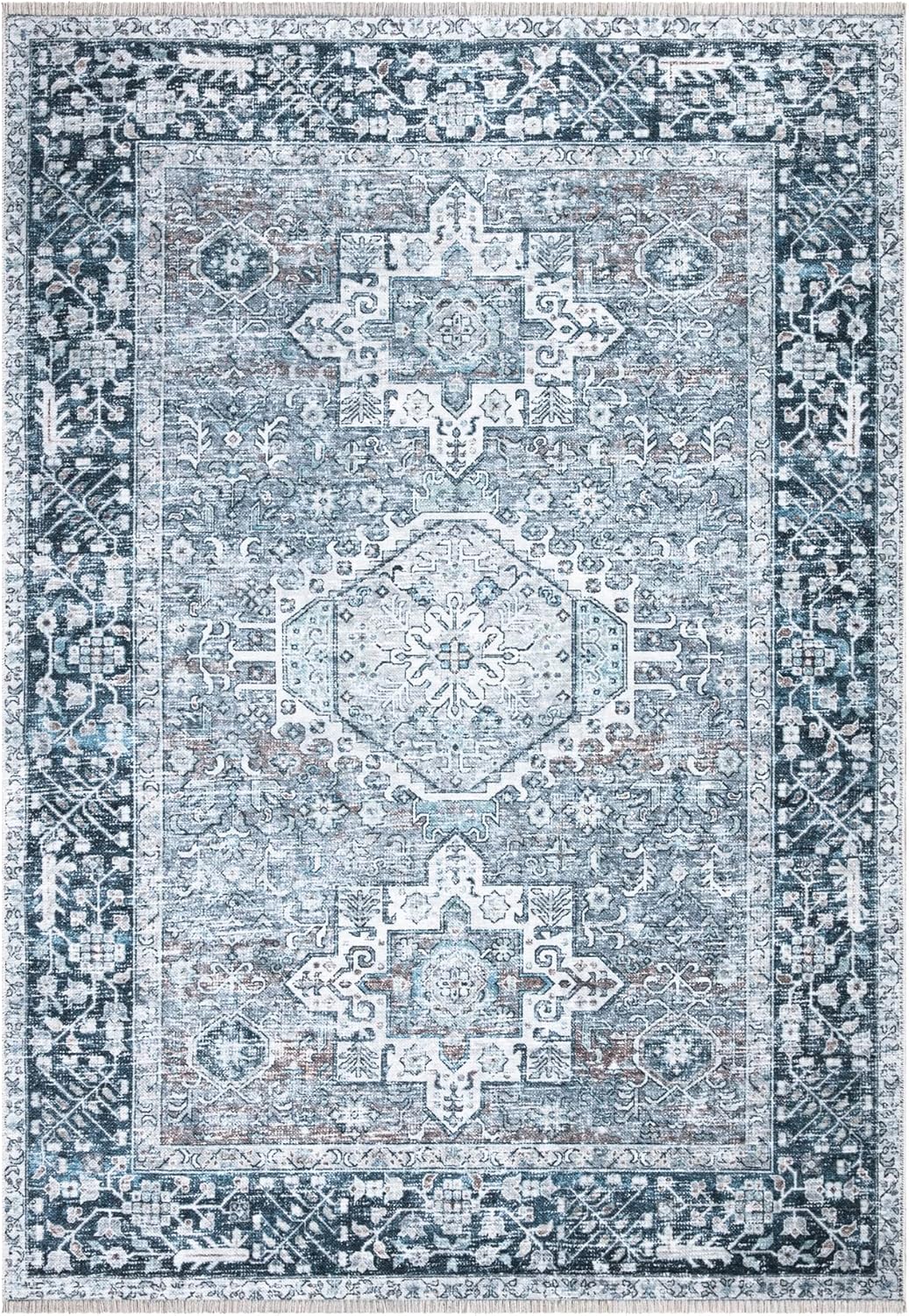 Bloom Rugs Caria Washable Non-Slip 8x10 Rug - Navy Blue Traditional Area Rug for Living Room, Bedroom, Dining Room, and Kitchen - Exact size: 7'8