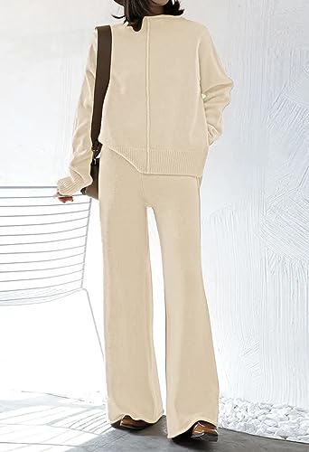 Fixmatti Women Knit Sweatsuit Turtleneck Sweater Top and Wide Leg Pant 2 Piece Outfits