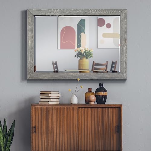 Walnut Vanity Mirror Rectangular Barnwood Framed Wall Mirror for Home Decor, Vertical or Horizontal Hanging, 41x29