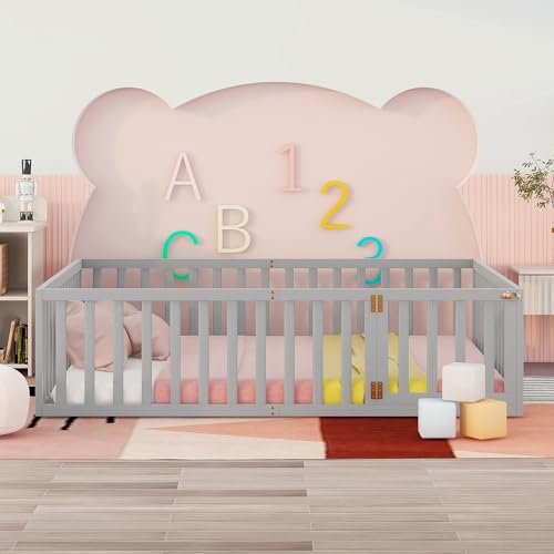 LLS Full Size Floor Bed for Children, Durable Montessori Floor Bed with Safety Fence & Small Door, Wood Floor Bed Frame for Girls Boys and Teens, Natural (No Bed Slats)