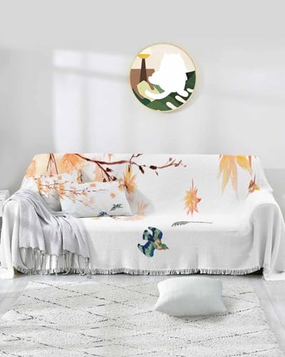 Fall Maple Leaf Cover Couch Covers for 3-4 Cushion Couch Throw Couch Cover with Tassel Soft Slipcover Watercolor Botanical Branch Birds on Burlap Beige Couch Furniture Protector for Dog Pet 71