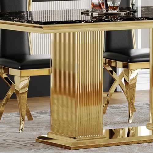 White Marble Dining Table for 6 Luxury Faux Marble Kitchen Table with Gold Mirrored Stainless Steel Base, 70