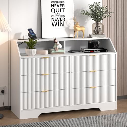 6 Drawer Dresser with Charging Station Accent Fluted Dresser with Power Outlet Wooden Chest of Drawers Mid Century Modern Dresser Wide Storage Dressers Chest for Bedroom Living Room