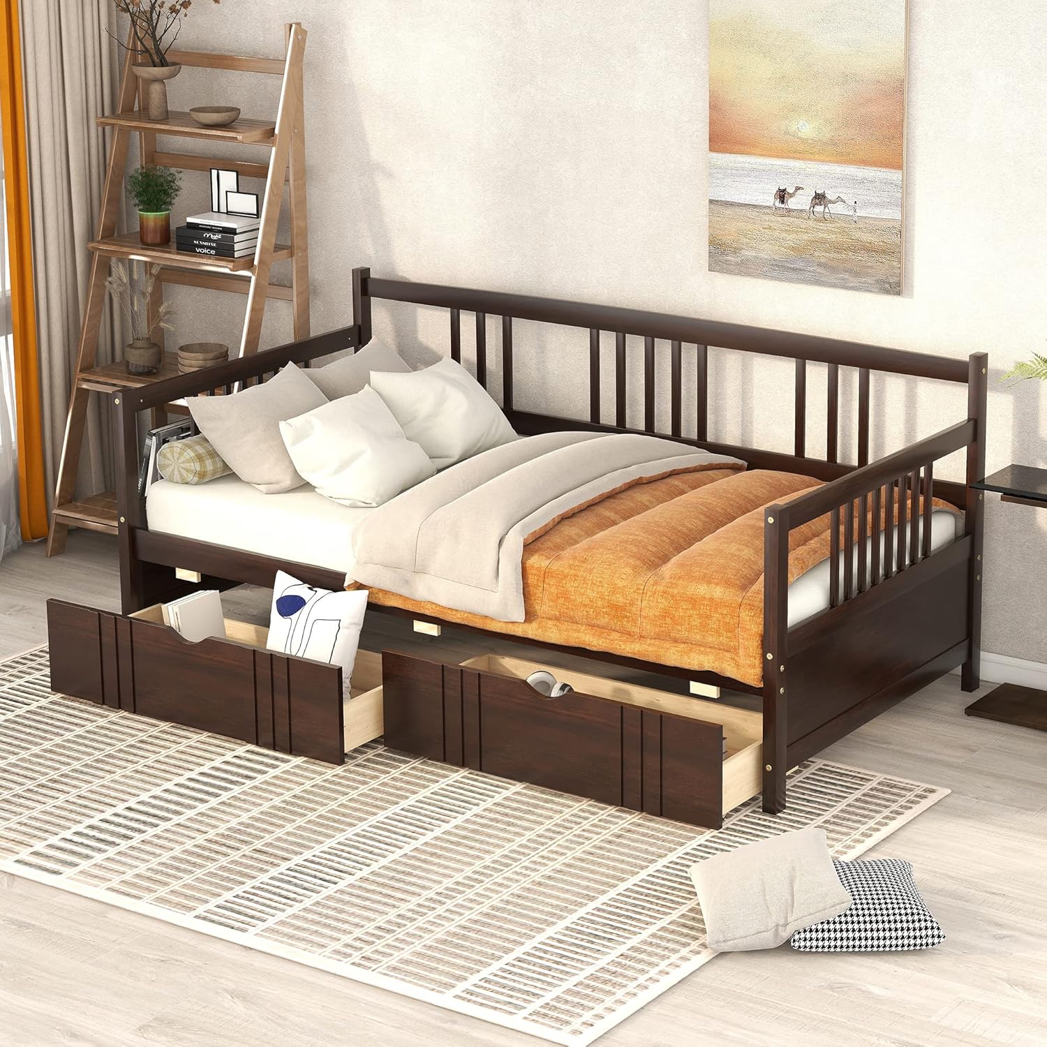 Twin Size Daybed with Two Drawers, Wood SOFE Bed Frame with Storage Space, Multi-Functional Daybed for Bedroom Living Room (Espresso//TT)