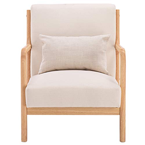 Retro Modern Oak Sofa Furniture Recliner Accent Chair with Solid Wood Legs Armchair for Home Office Study Living Room Vanity Bedroom Theater Seating (Beige Fabric Oak Sofa)