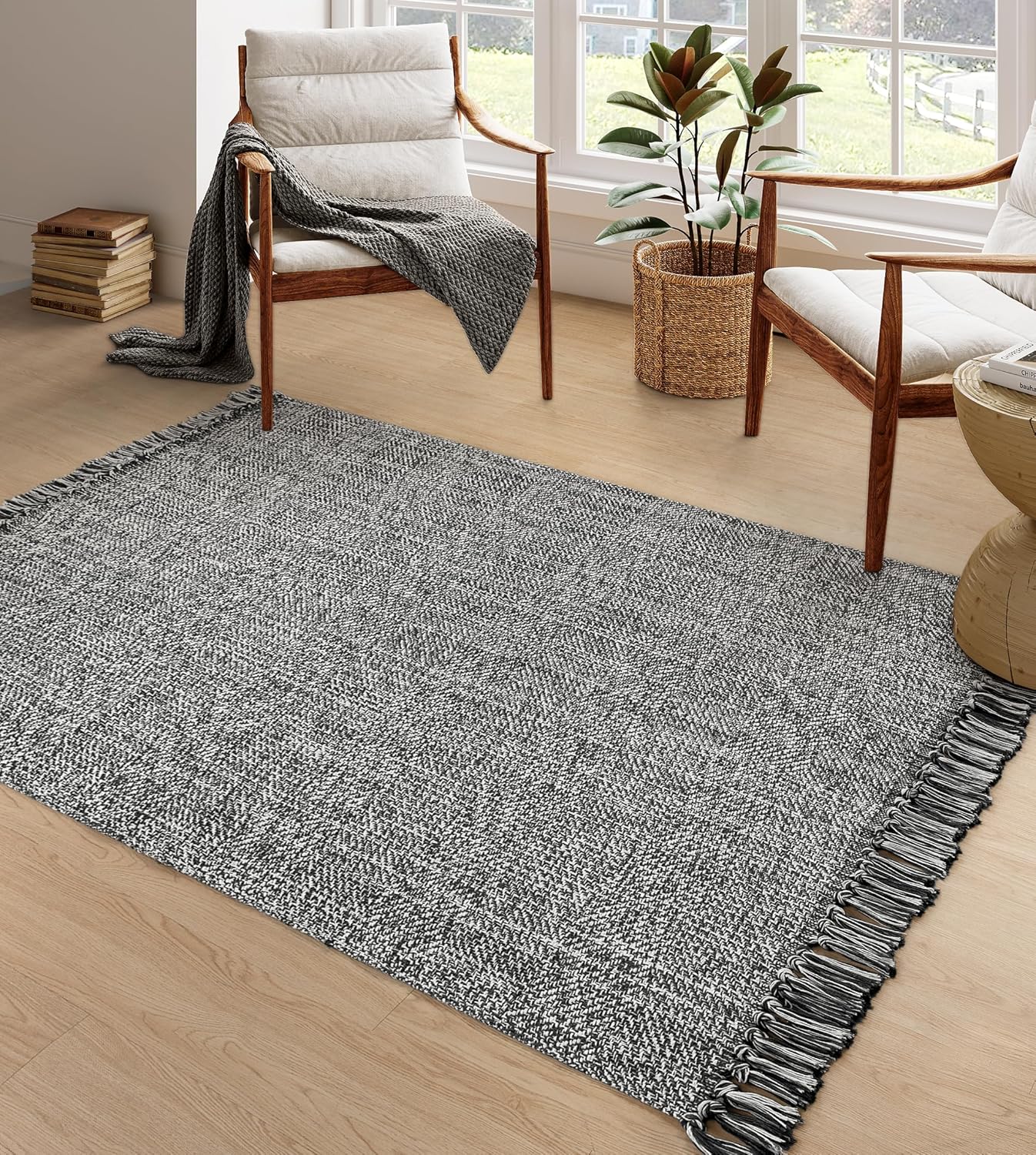 Collive Comfy Area Rug 4' x 6', Grey/Cream Woven Cotton Bedroom Rugs, Modern Indoor Accent Rug Floor Carpet with Tassel for Living Room, Nursery Room, Dining Room, Bedside, Office, Patio Decor