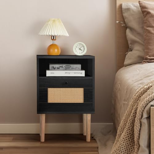 SEHERTIWY Mid Century Nightstand, Rattan Side Table with Drawers, Modern Nightstand, Boho Farmhouse Wood Bedside Table with Storage, Small Side Tables for Bedroom Small Space
