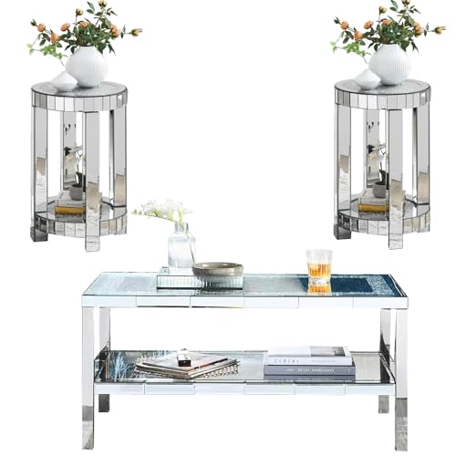 SSLine Modern Mirrored Coffee Table with 2 End Table Luxury 3-Piece Living Room Coffee End Table with Silver Mirror Finish & Shiny Diamond Decor Top 2-Tier Rectangle Center Table and Round Side Table