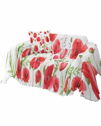Poppy Floral Red Sofa Cover Couch Covers for 3 Cushion Couch Throw Couch Cover with Tassel Soft Sofa Slipcover Vintage Watercolor Butterfly Leaves White Couch Furniture Protector for Dog Pet 71