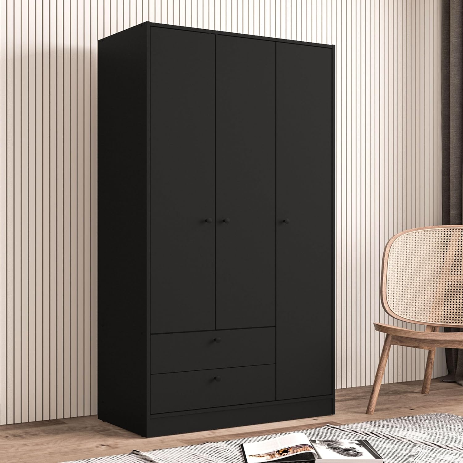 Denmark Engineered Wood 3-Door and 2-Drawer Wardrobe in Black