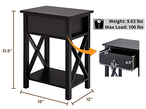 Naomi Home Small Night Stand with Storage Shelf and Drawer, Wood Nightstand for Bedrooms, Solid Wooden Night Table, Black