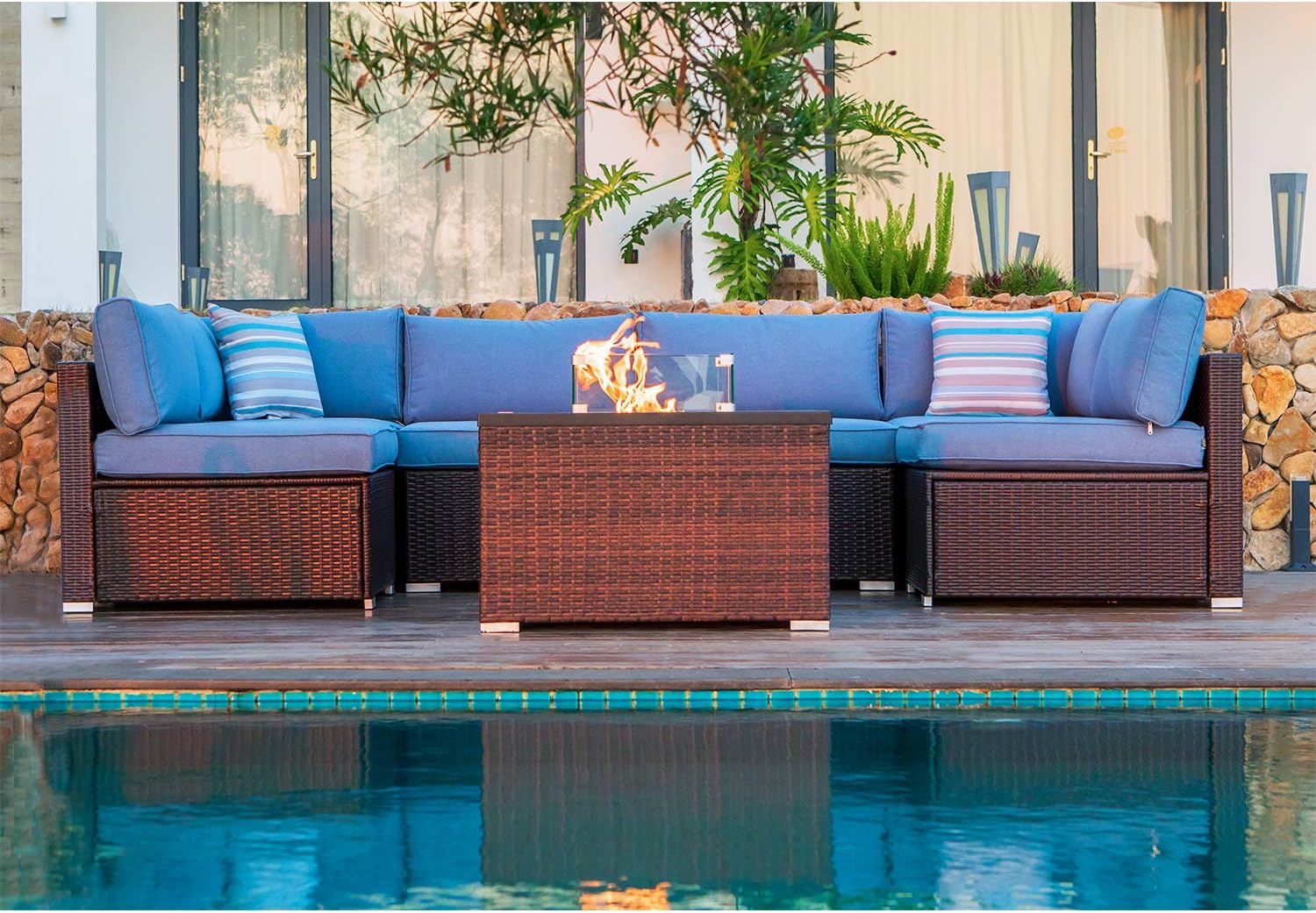 COSIEST 8 Piece Propane Fire Pit Table Outdoor Sectional Sofa, Chocolate Brown Patio Furniture Set w 32-inch Square Wicker Fire Table (40,000 BTU), Glass Wind Guard for Garden, Pool, Backyard