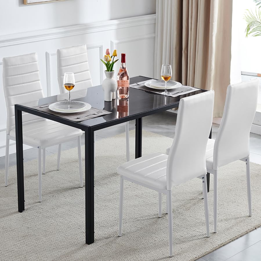 Dining Table Set for 4, 5 Piece Kitchen Table and Chairs for Dinette, Apartment, Compact Space-Saving w/Tempered Glass Tabletop and 4 Chairs (Gray Mable Effect+white, Medium)