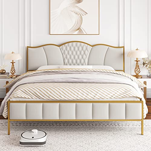 HITHOS Full Size Bed Frame, Modern Upholstered Bed Frame with Tufted Headboard, Heavy Duty Platform Bed with Wood Slat Support, Noise Free, No Box Spring Needed (Light Grey, Full)
