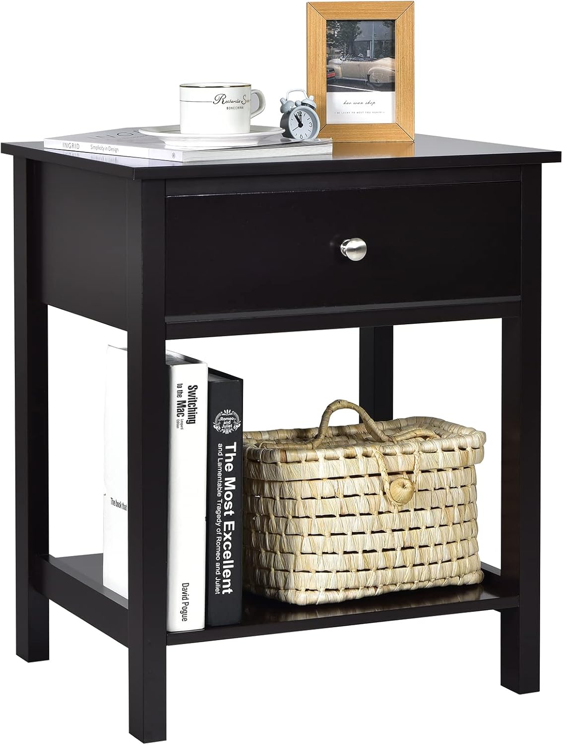 COSTWAY Nightstand with Drawer Storage Shelf Wooden Bedside Sofa Side Table Black