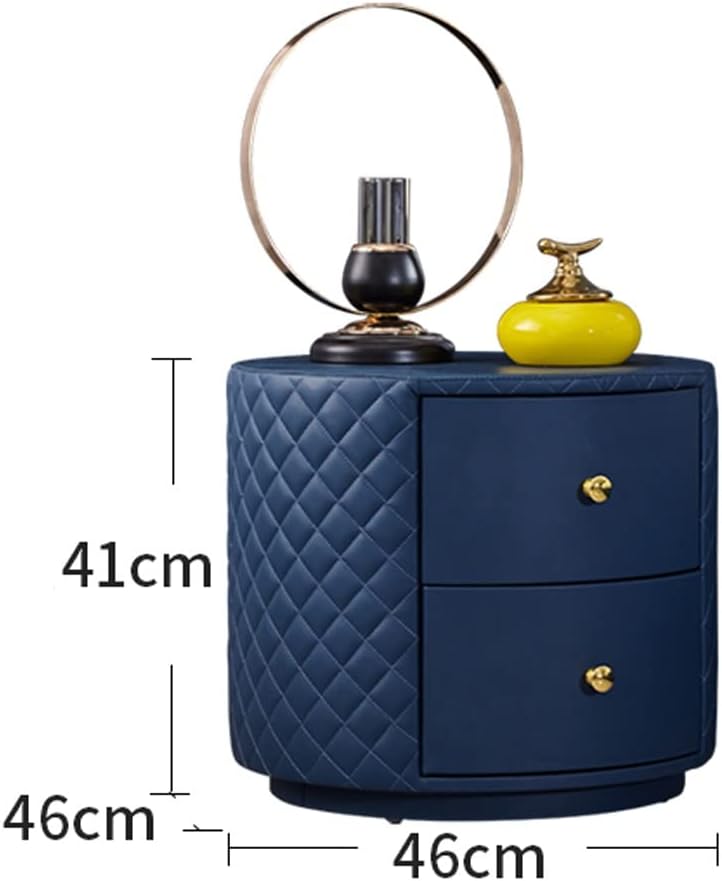 Fashion Round Nightstand, Bedroom Nightstands with 2 Drawer, Solid Wood Leather Storage Cabinet, Bedside Tables Furniture for Home Bedroom