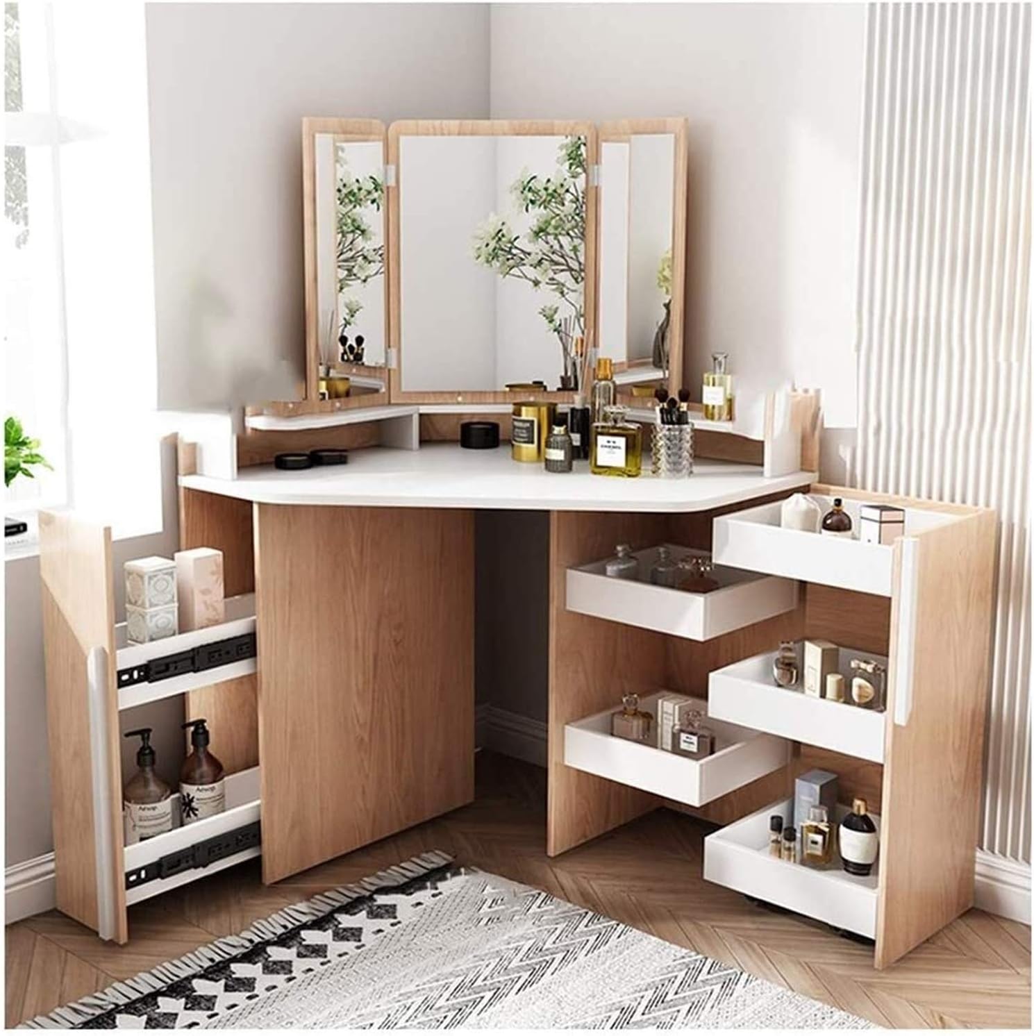 Vanity Living Bedroom Dressing Tables Vanity Desk Corner Dressing Table with Mirror Vanity Table Set with Stool 7 Drawer for Bedroom Set Villa Furniture Bedroom Storage (Color : Brown) (Wood)