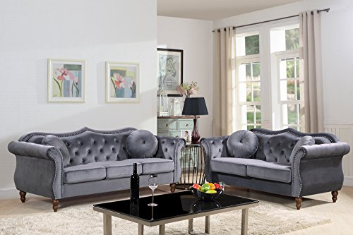 US Pride Furniture Anna Collection Modern Chesterfield Velvet Upholstered Sofa For Living Room with Elegant Rolled Arms, Solid Wood Frame & Accent Throw Pillows, Loveseat, Couch Set, Ash Grey
