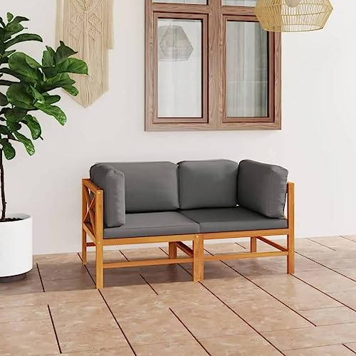 2-Seater Patio Sofa with Gray Cushions Solid Teak Wood,Teak 2Seater Outdoor Sectional Sofa with Comfortable Cushions for Patio and Garden Patio Furniture, Outdoor Furniture Sets