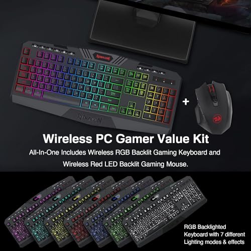 Redragon Gaming Keyboard and Mouse Wireless, RGB Gaming Keyboard and 8000 DPI Gaming Mouse, 10 Independent Multimedia Keys for Windows, PC, Computer, Wireless S101 Ideal for Gamer