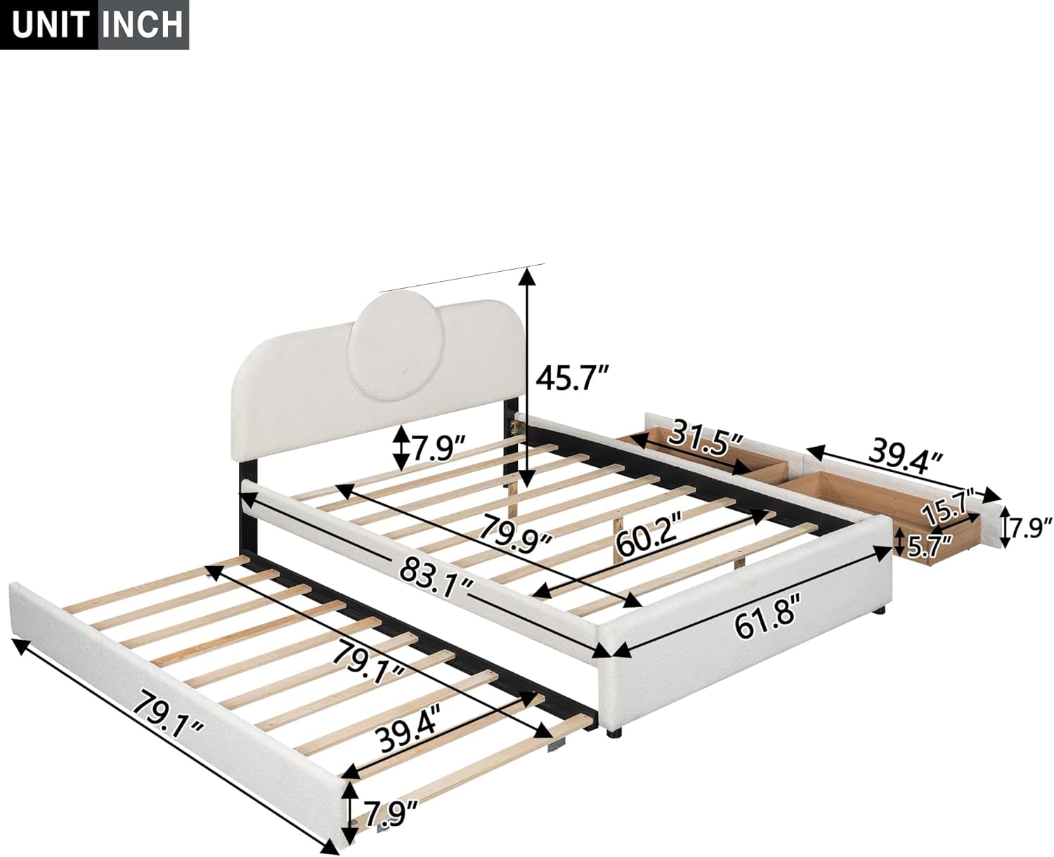 Queen Size Upholstered Platform Bed with Multi-Functional LED Headboard, Wooden Beds Frame with Trundle and 2 Storage Drawers, Space Saving, No Box Spring Needed, White
