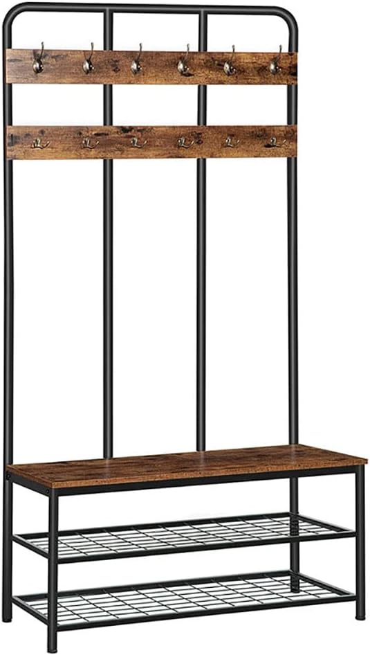 3-in-1 Entryway Coat Shoe Rack Rustic Industrial Hall Tree with 12 Coat Hooks and 2-Tier Shoe Rack Large Coat Rack Shoe Bench for Living Room Bedroom