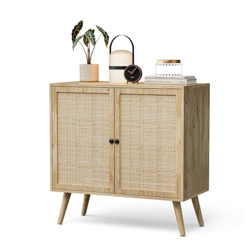 Sideboard Buffet Cabinet with Storage, Rattan Cabinet with Doors, Accent Storage Cabinet with Adjustable Shelf, Organizer Cabinet for Living Room, Kitchen, Dining Room, Entryway (1 pack, Natural)