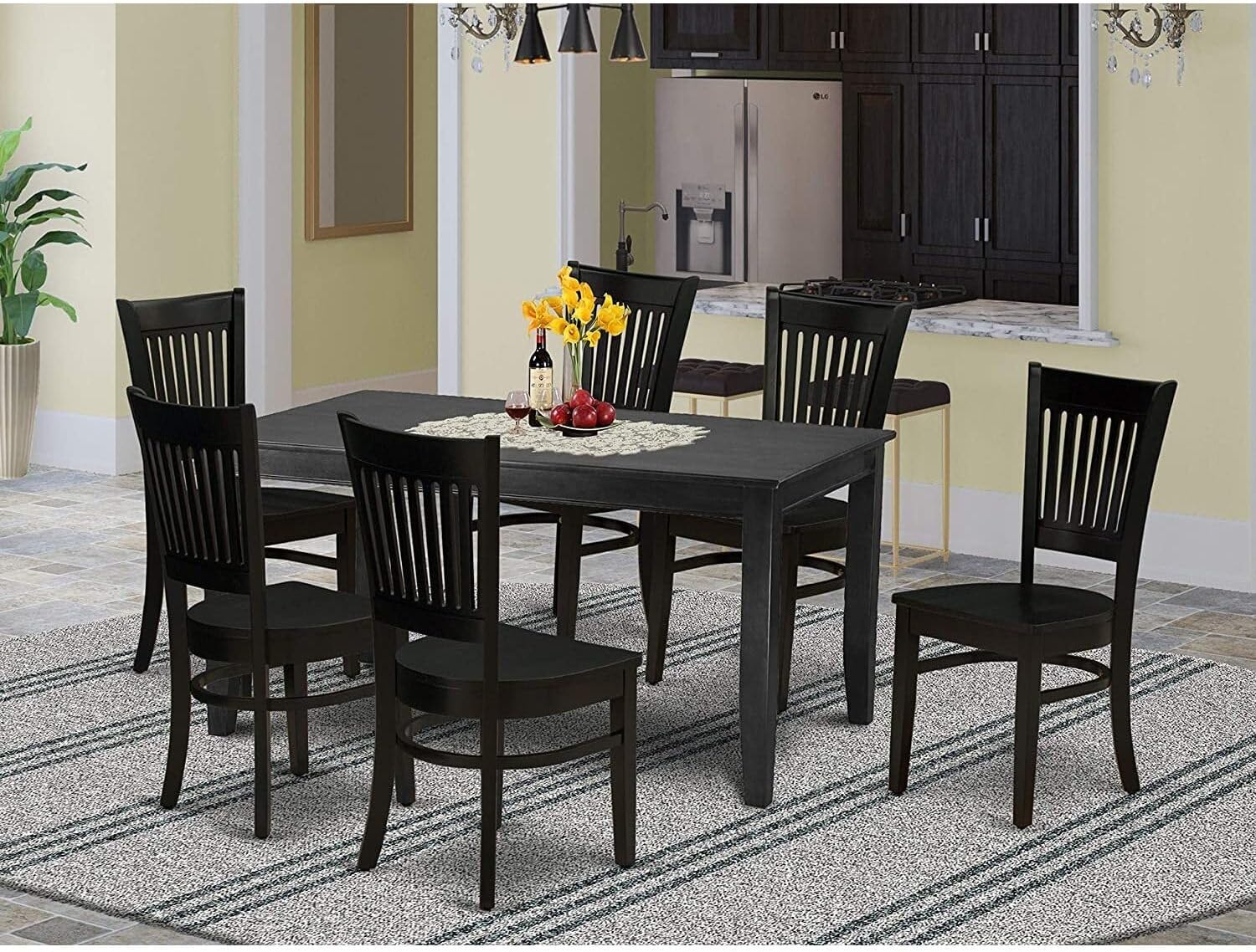 Natural Beauty 7-Piece Small Dining Table Set-6Wooden Chairs with Slatted Back and Wooden Seat-A Mid Century Dining Table with Rectangular Top and 4 Legs- Black Finish