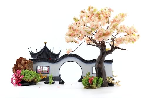 Mini Chinese Suzhou Garden - Paludarium Decor, Zen Garden Kit, Spider Tank Decorations, Miniature House kit, Dollhouse Accessories, Fairy Garden Accessories, Terrarium Decor (White Plum Tree Theme)