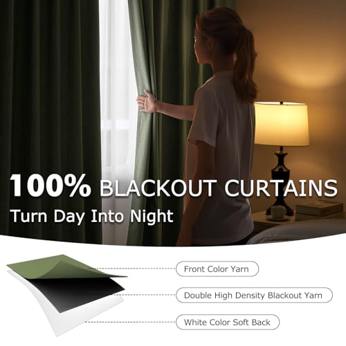 MIULEE Olive Green Pinch Pleat Linen Blackout Curtains 90 Inches Long Thermal Insulated Room Darkening Window Drapes for Living Room Bedroom Track System Back Tab Noise Reducing Pleated 2 Panels