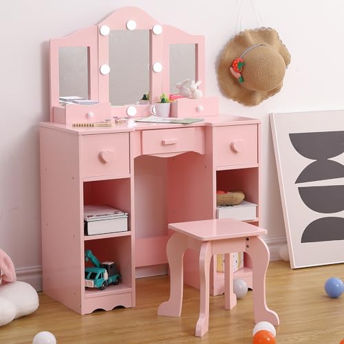 Kids Vanity, Girls Vanity Table with Mirror,Stool & Drawer, 2 in 1 Wooden Princess Makeup Desk Dressing Table, Toddler Vanity,Pretend Play Vanity Set for Kids