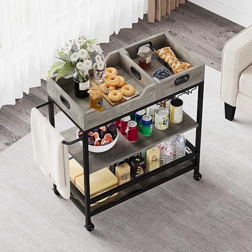 GAOMON Bar Carts for The Home with 2 Portable Trays, 3 Tier Bar Cart with Wheels, Mobile Kitchen Shelf with Wine Rack and Glass Holder, Industrial Serving Cart for Kichen, Dining Room-Rustic Grey