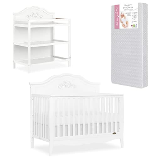 Nursery Essentials Bundle of Sweetpea Baby Jasmine 4-in-1 Convertible Crib, Sweetpea Baby Jasmine Changing-Table, with a Dream On Me Honeycomb Orthopedic Firm Fiber Standard Crib Mattress