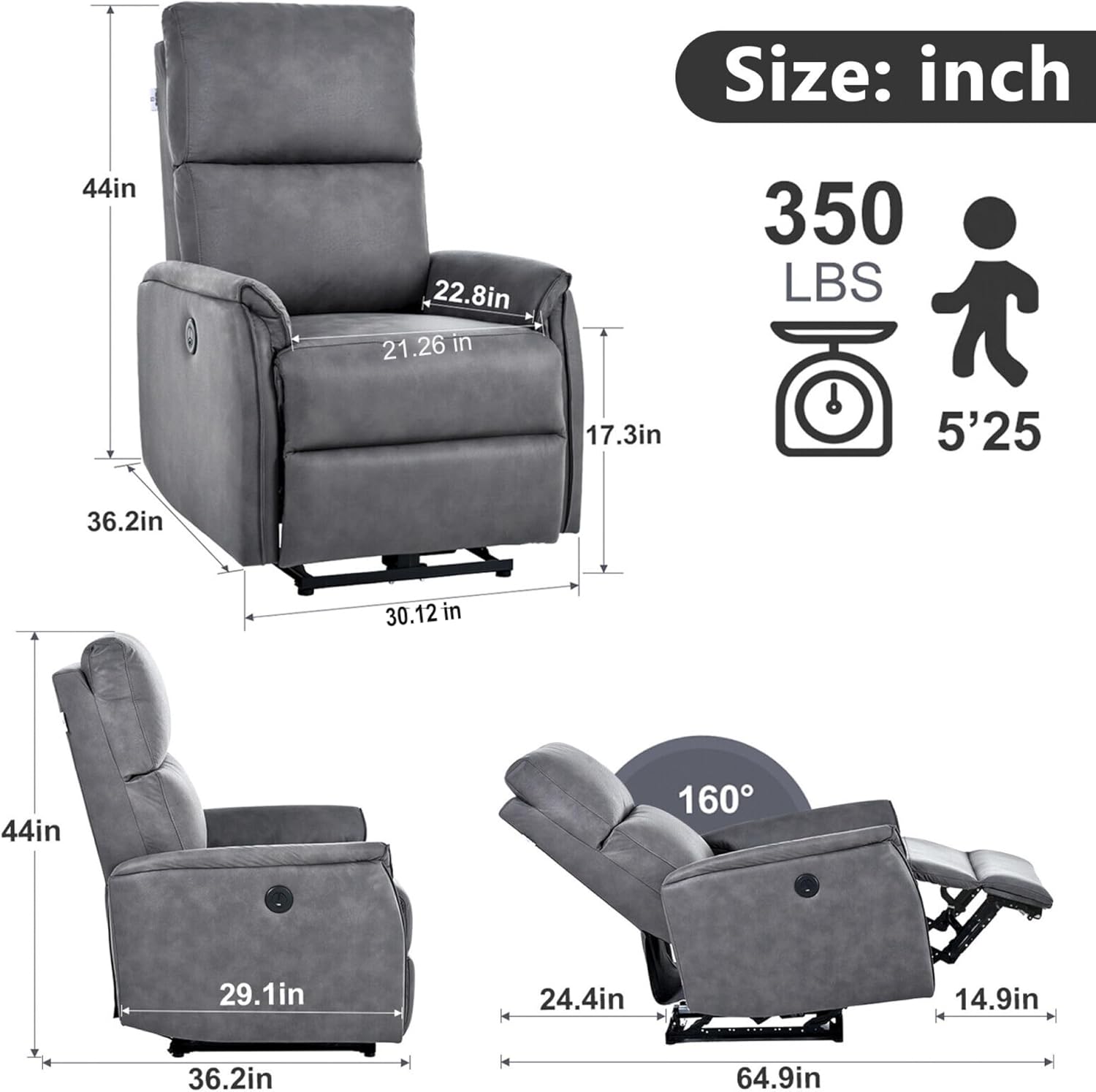 Electric Power Recliner Chair, Reclining Chair for Bedroom Living Room,Small Recliners Home Theater Seating, with USB Ports,Recliner for small space,Dark Gray