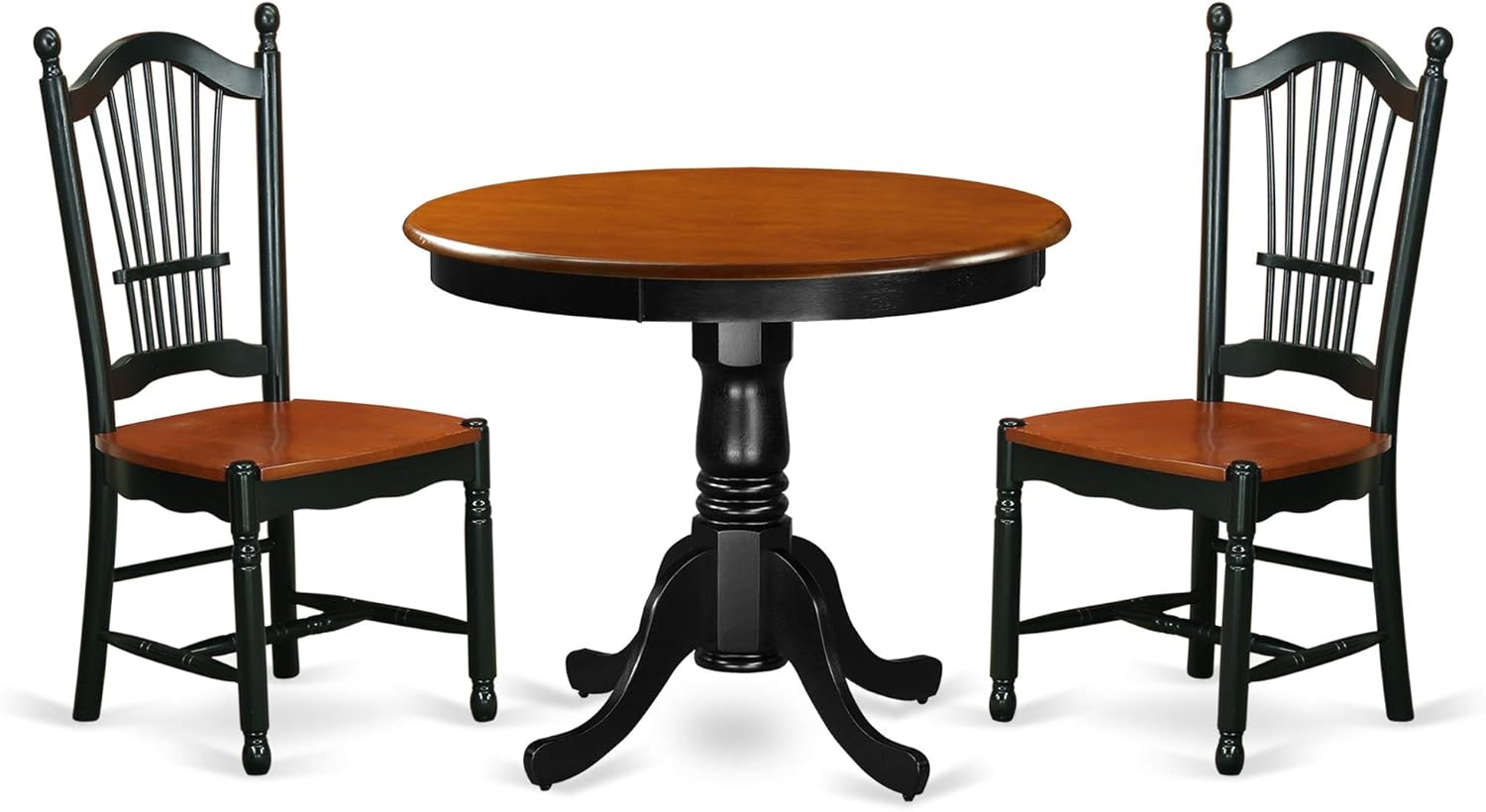 Exquisite Round Pedestal Dinette Set | Solid Wood | Compact Size | Black & Cherry Finish | 3 Pc Kitchen Table Set with 2 Chairs