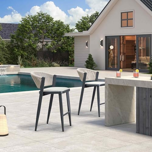 PURPLE LEAF Bar Stool Set of 2 Patio Bar Chairs with Footrest Rattan Bar Height Stools Wicker Black Barstools