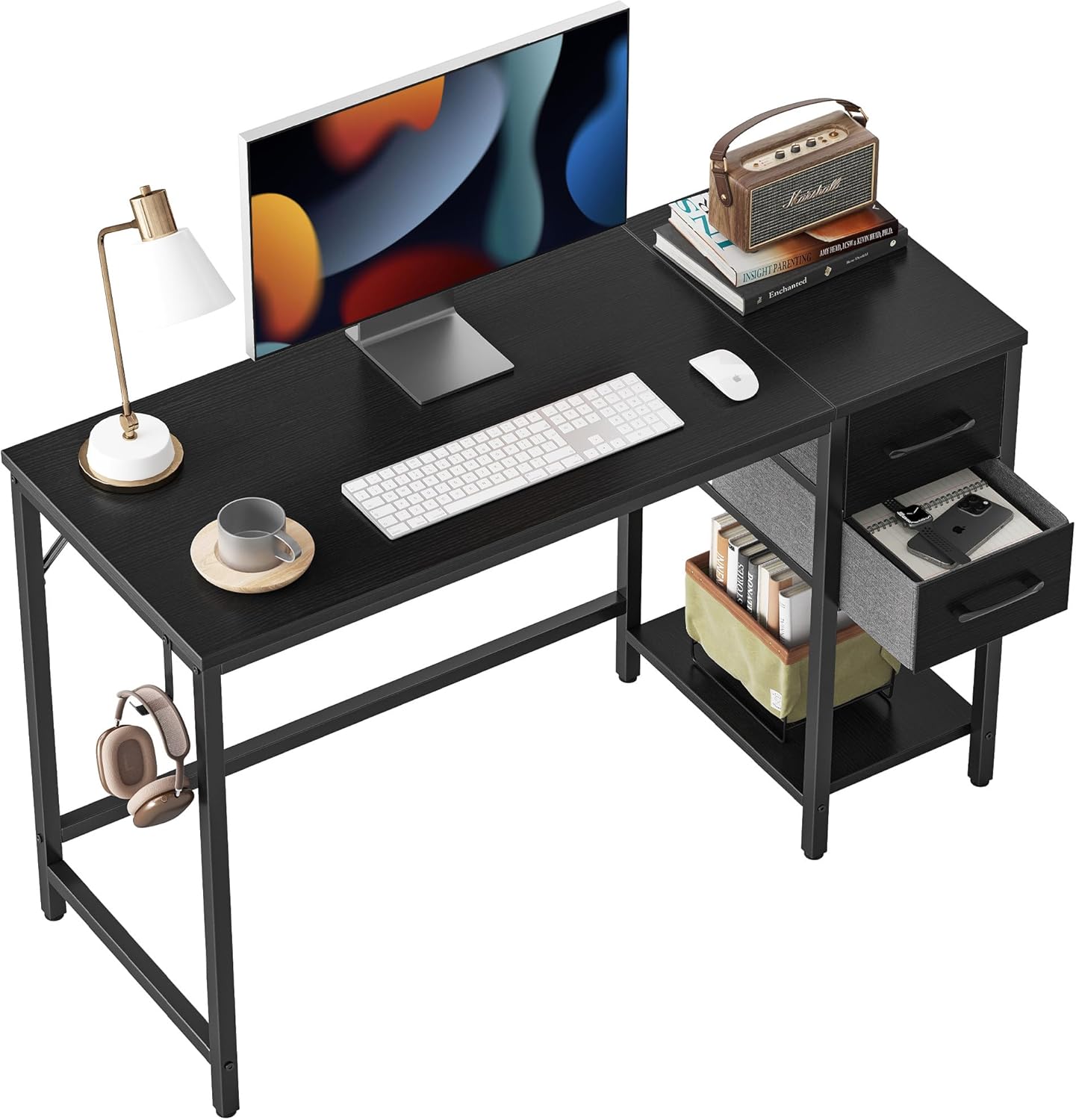 CubiCubi Computer Home Office Desk with 2 Drawers, 47 Inch Small Desk Study Writing Table, Modern Simple PC Desk, Black