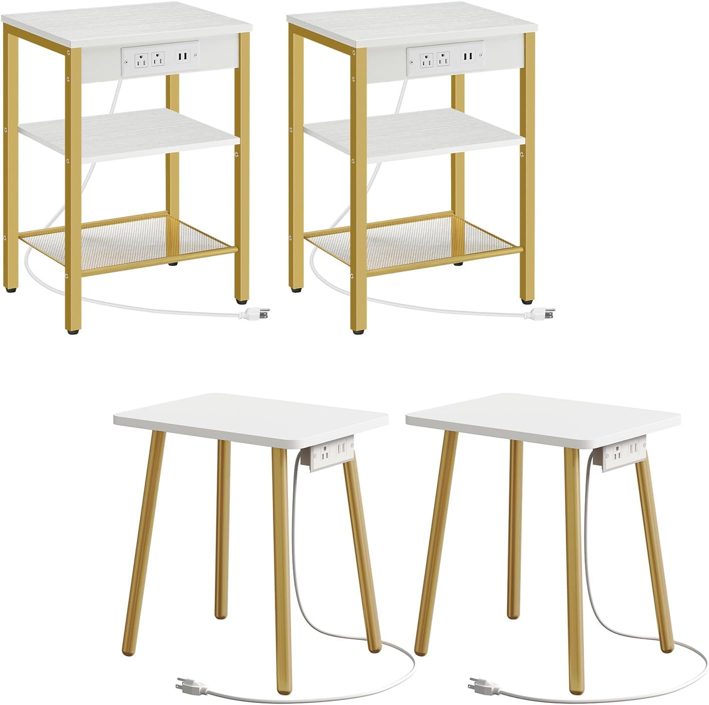 HOOBRO End Tables Set of 2 with Charging Station and Small White Side Tables Set of 2 with Charging Station Bundle, DW112BZP201G1-DW87UBZP201G1