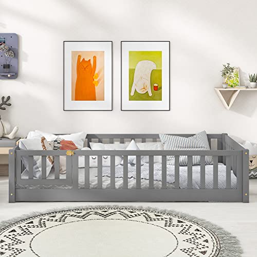Twin Size Floor Platform Bed with Fence, Wooden Playpen Bed for Kids, Kids Fence Bed with Door, No Box Spring Needed (White)