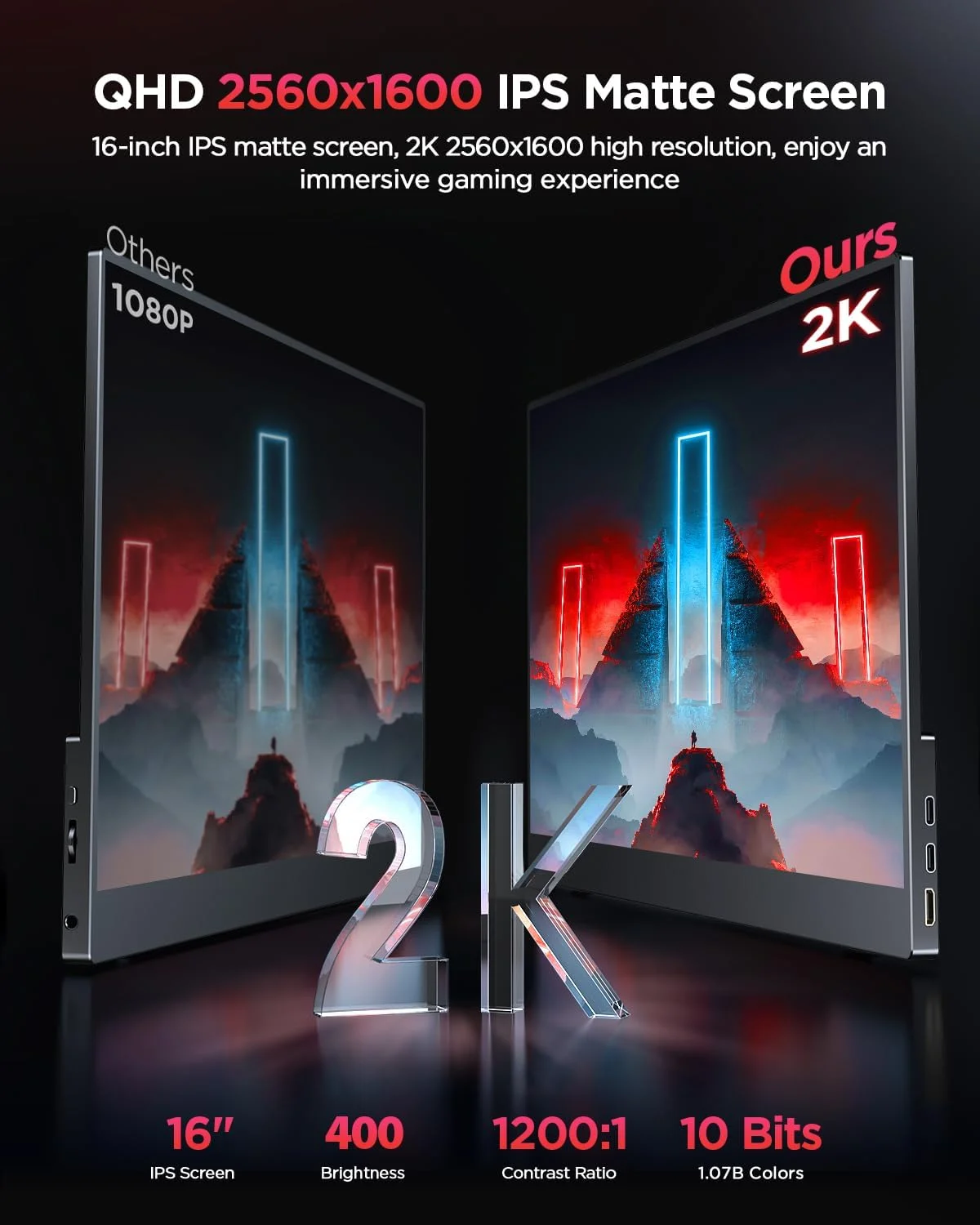 2K 120Hz Portable Gaming Monitor, 16" 2560x1600 QHD 16:10 400 Nits Portable Monitor for Laptop w/VESA & Cover HDR FreeSync Eye Care External Second Screen for PC Phone Game Console