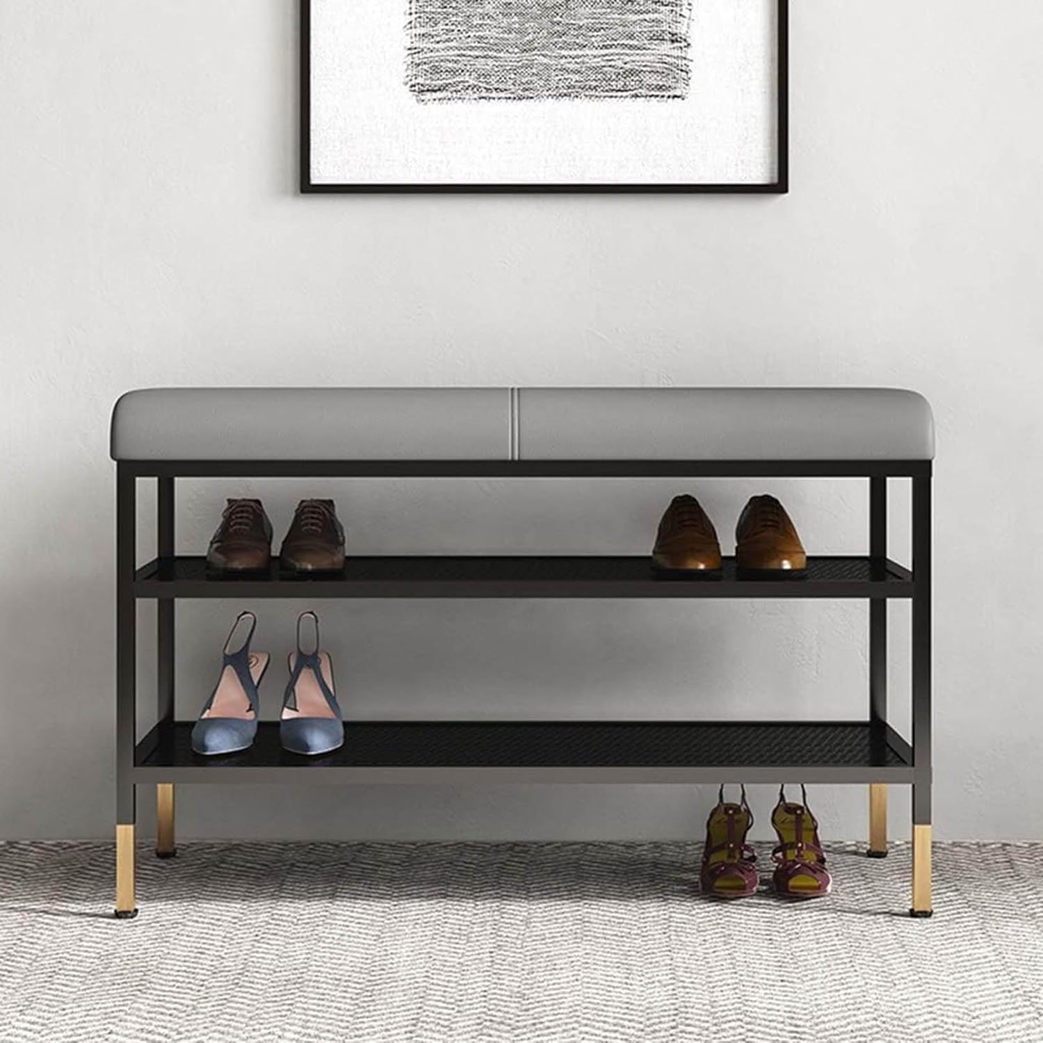 Shoe Bench, Entryway Storage Bench with PU Leather Padded Seat and 2 Cubbies, Cubby Shoe Rack Organizer Cabinet for Living Room, Bedroom, Mudroom, Closet and Garage